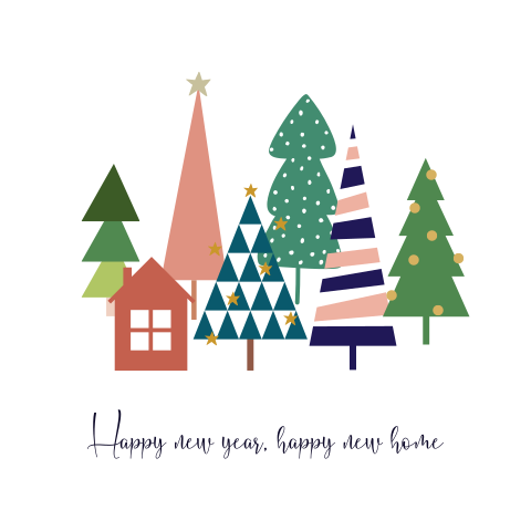 Kleurrijke verhuiskaart met kerstbomen