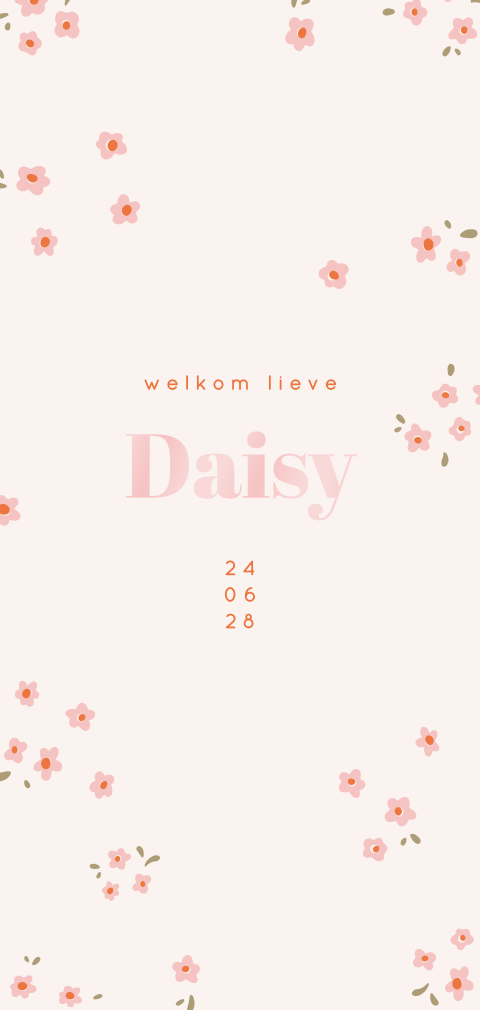 Langwerpig geboortekaartje met kleine bloemetjes en roze hoogglans