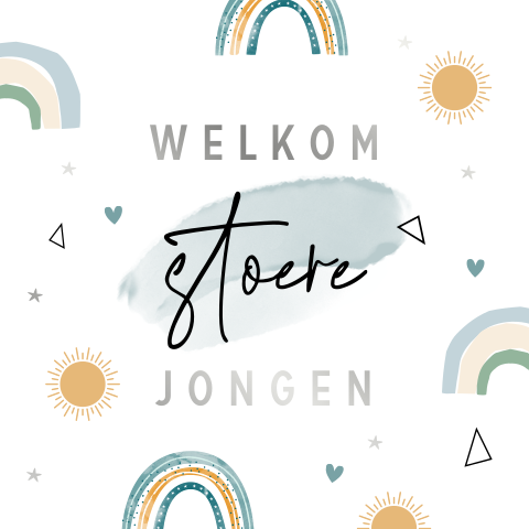 Wenskaart felicitatie geboorte zoon met regenboogjes en zilverfolie