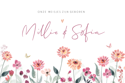 tweeling geboortekaartje meisjes met bloemen