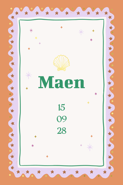 Geboortekaartje met roze/oranje kader en goudfolie schelp