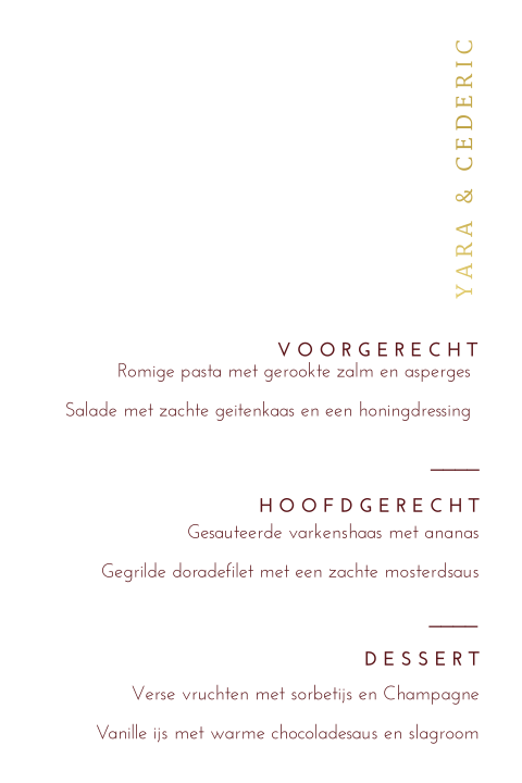 Stijlvolle menukaart bruiloft met goudfolie