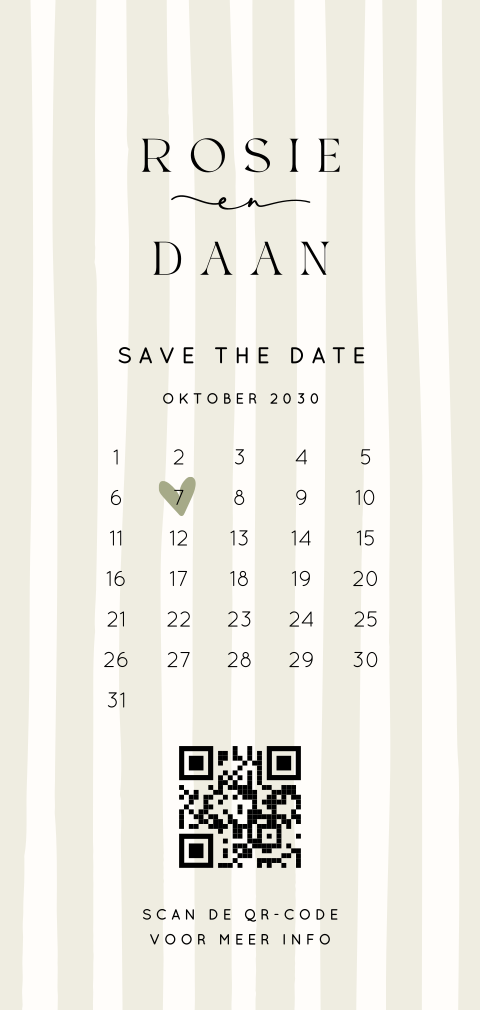 Save the date in zacht groen met streeppatroon en kalender