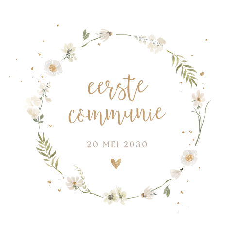 Communie uitnodiging met bloemenkrans en hartjes