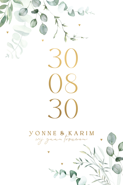 Botanische trouwkaart met datum in mat goudfolie en eucalyptus
