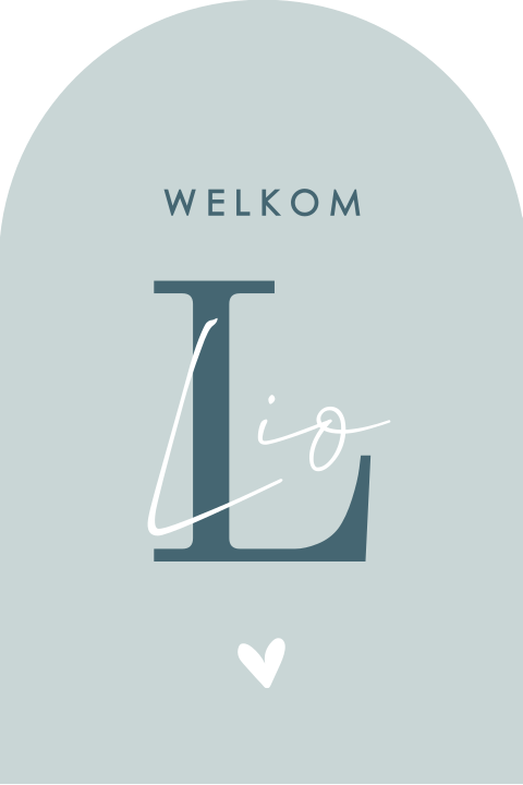 Boogvorm raambord in lichtblauw met initiaal en hartje