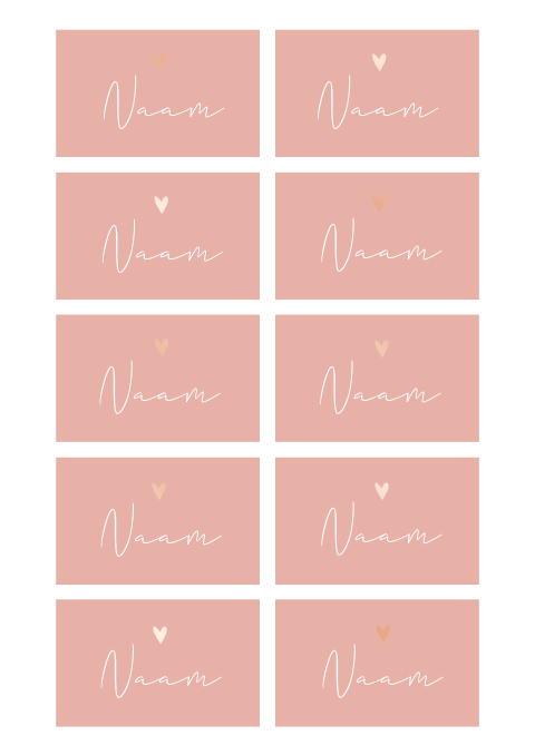 Naamkaartjes bruiloft roze met hartje in roséfolie