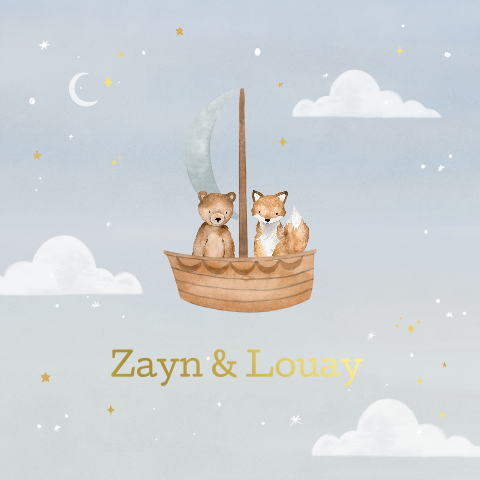 Dromerig geboortekaartje tweeling met beer en vos in boot