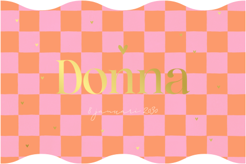 Geboortekaartje meisje oranje/roze geblokt met goudfolie