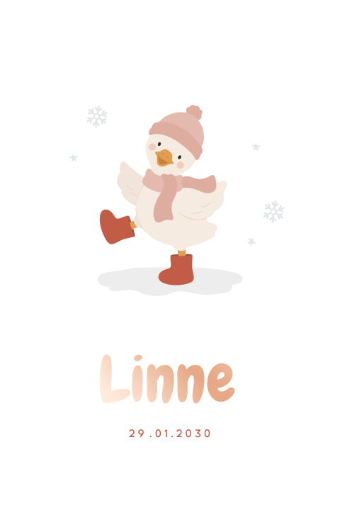 Winters geboortekaartje meisje in ovale vorm met eendje en roségoudfolie