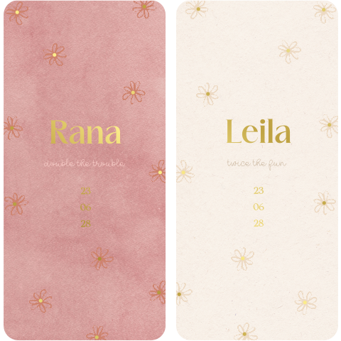 Lief geboortekaartje voor tweeling in velvetlook met goudfolie