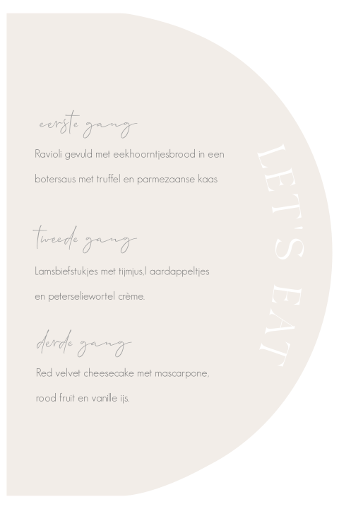 Menukaart bruiloft beige in halve maanvorm