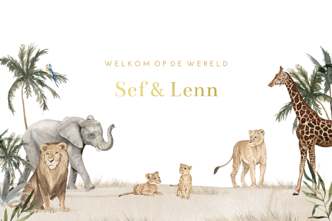 Geboortekaart voor tweeling met welpjes en goudfolie