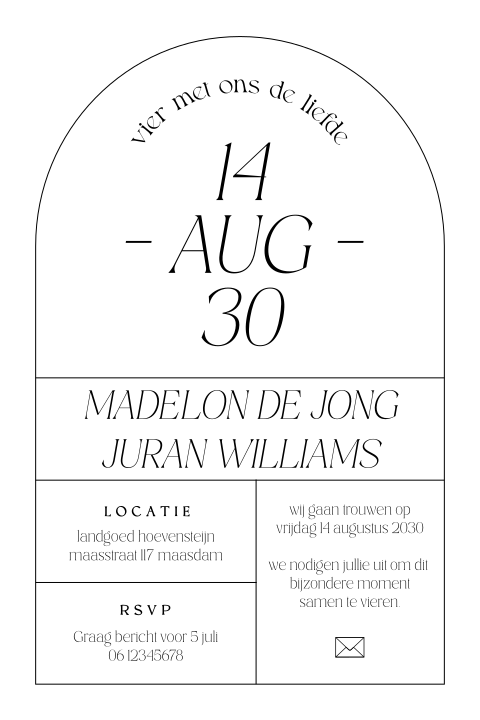 Minimalistische trouwkaart met boogvormig design en klassieke typografie