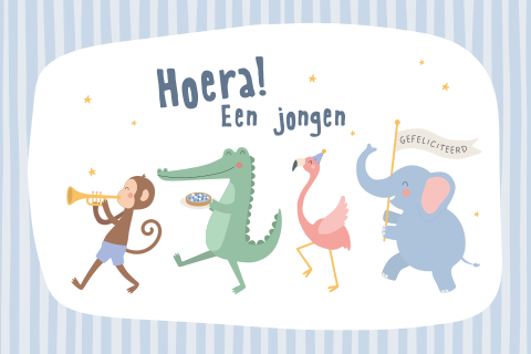 Wenskaart geboorte jongen met dierenparade