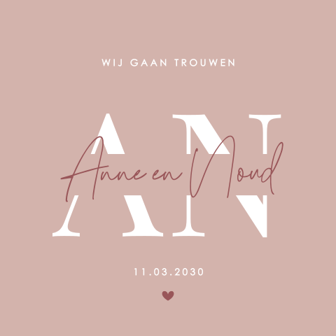 Typografische trouwkaart met initialen op oudroze