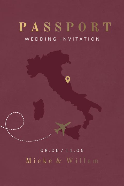Paspoort trouwkaart in rood met mat goudfolie