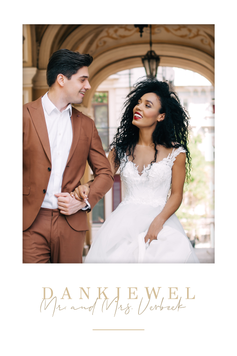 Bedankkaart bruiloft met foto en beige