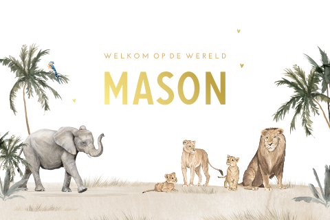 Geboortekaart voor zoontje met jungledieren en goudfolie