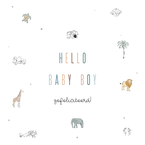 Wenskaart geboorte zoon met jungle illustraties en zilverfolie