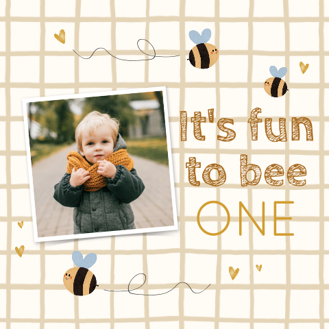 Uitnodiging kinderfeestje 1 jaar met bijtjes en persoonlijke foto