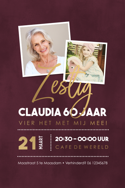 Uitnodiging 60 jaar in rode velvet look met foto's en mat goudfolie