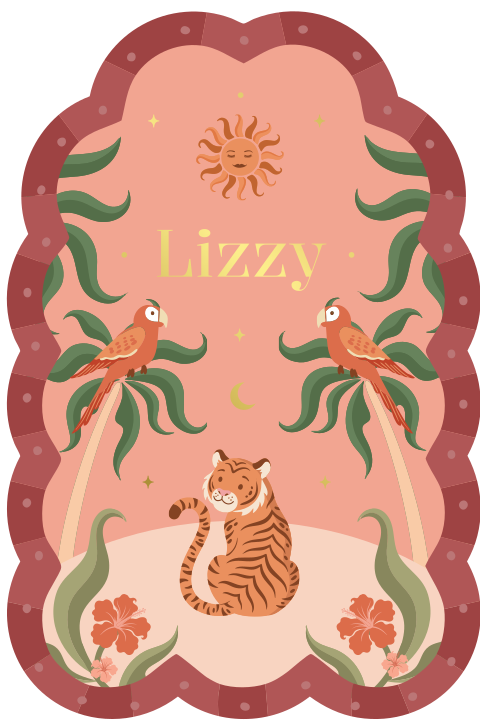 Boho geboortekaartje in originele vorm met tropische illustraties en goudfolie