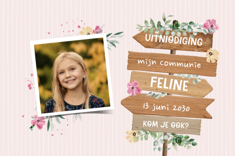 Uitnodiging communie met wegwijzer, bloemen en foto