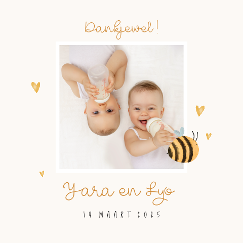 Geboorte bedankkaart met foto tweeling