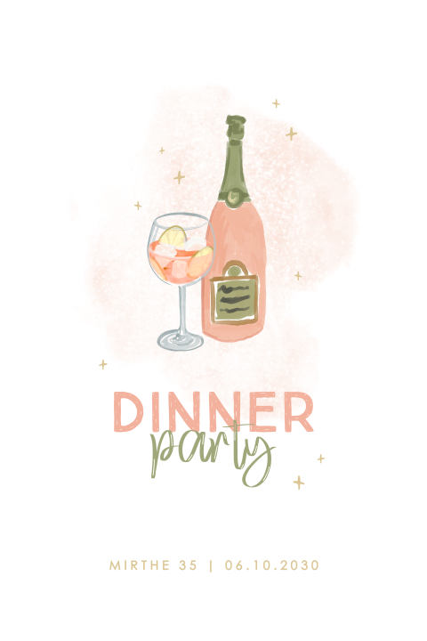 Uitnodiging dinner party met wijnfles en drankje op watercolour