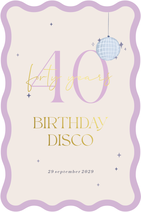 Uitnodiging 40 jaar lila in originele vorm met goudfolie