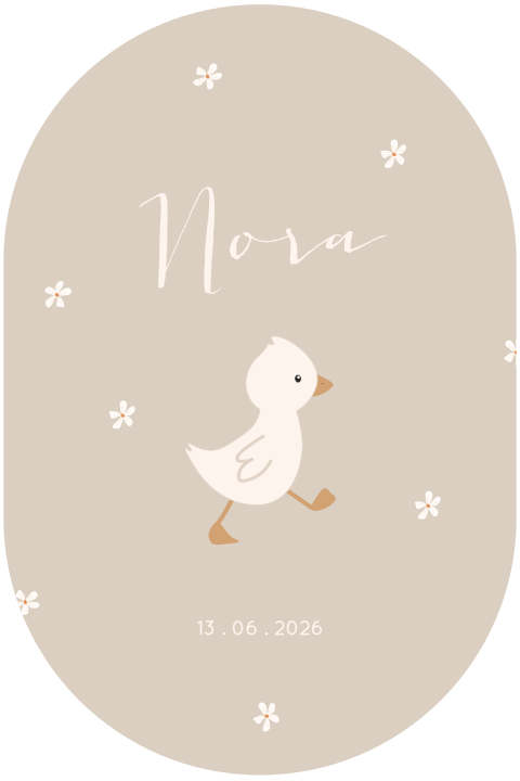 Ovaal geboortekaartje met eendje in neutrale tinten