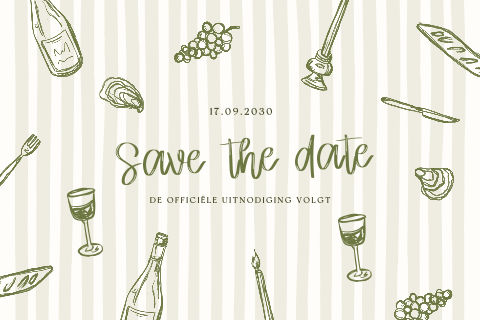 Save the date in groen met strepen en getekende illustraties