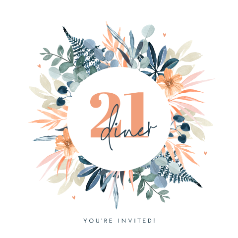 Stijlvolle twenty one dinner kaart met bloemen