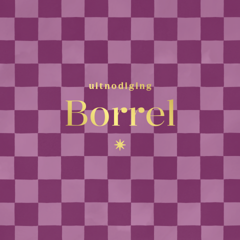 Kraamborrelkaartje met paars ruitpatroon en goudfolie