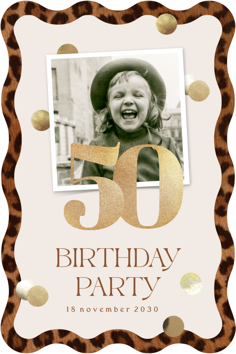 Uitnodiging 50 jaar met golvende randen, foto en panterprint