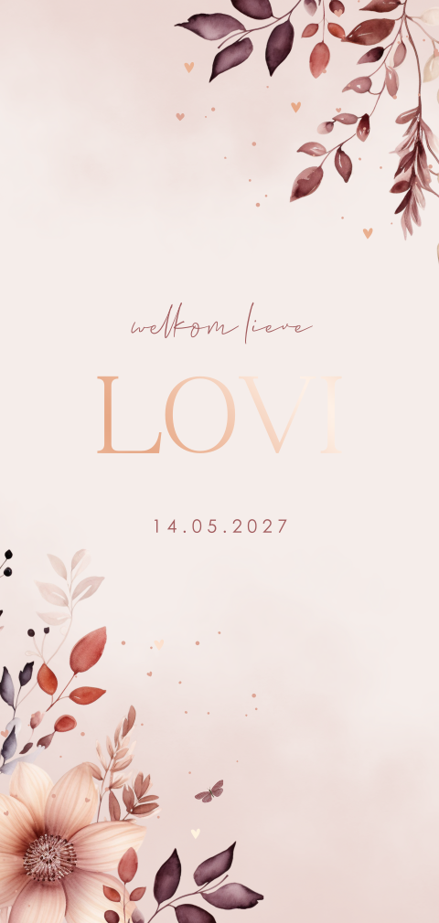 Geboortekaartje langwerpig met bloemen en roséfolie