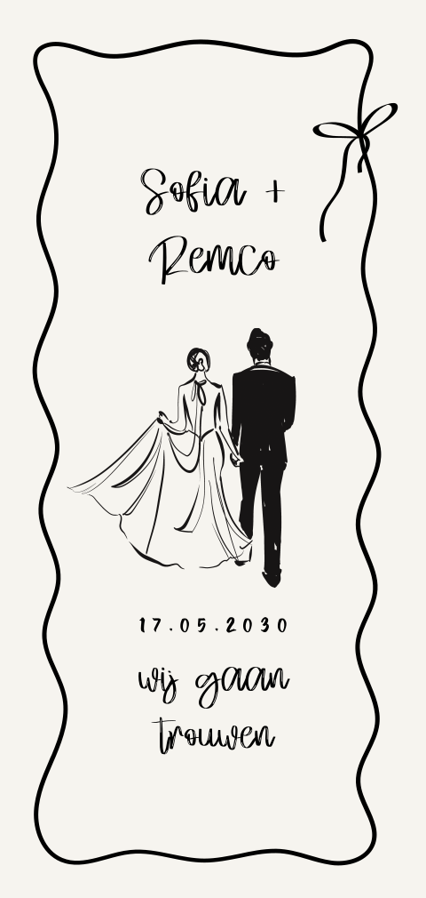 Trouwkaart met inkttekening van bruidspaar met strik