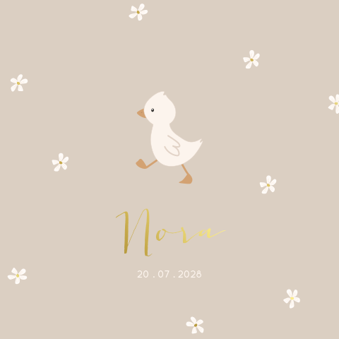 Geboortekaartje beige met eendje, bloemetjes en goudfolie