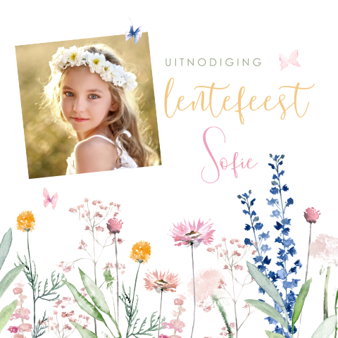 Lentefeest uitnodiging met veldbloemen, vlinders en foto