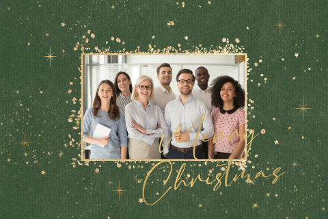 Groene zakelijke kerstkaart met foto, sterren en matgoudfolie