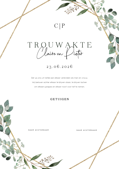 Trouwakte in botanische stijl
