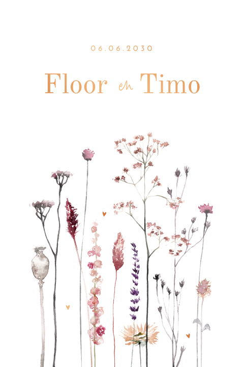 Stijlvolle boho trouwkaart met droogbloemen en koperfolie
