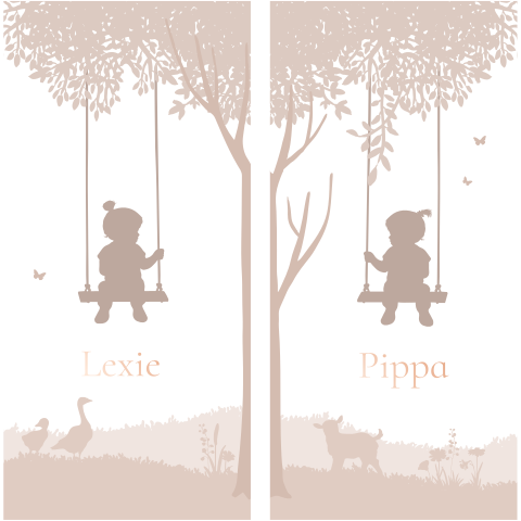 Lief geboortekaartje voor tweeling met meisjes op schommel