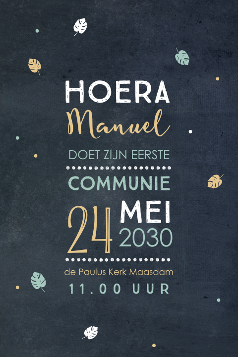 Communie uitnodiging stoer in blauw/goud