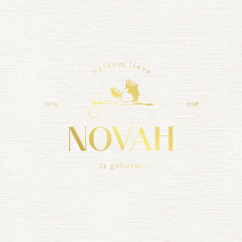 Geboortekaartje klassiek met textuur effect en ooievaar van goudfolie