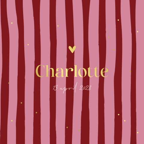 Geboortekaartje met rode en roze strepen en goudfolie 