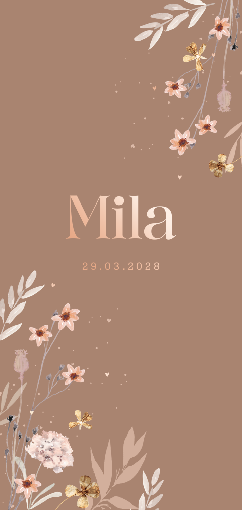 Lief geboortekaartje met bloemen en roséfolie