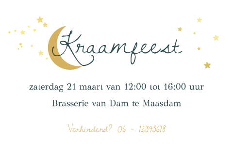 Kraamborrel kaartje met maan en goudfolie sterretjes