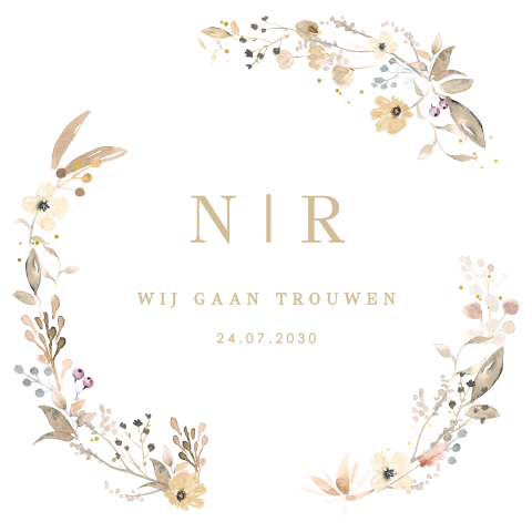 Floral trouwkaart met krans en initialen